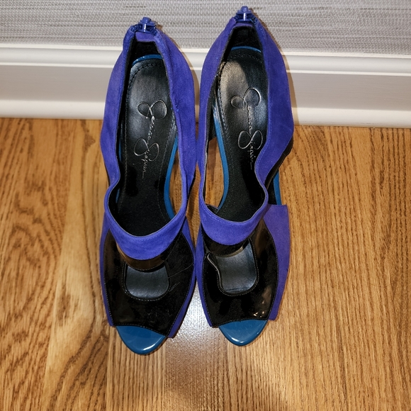 Jessica Simpson Blue/Teal/Black Color Block Platform,Open Toe Bootie Shoes sz 10 - Picture 3 of 4